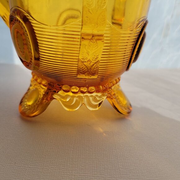 Antique Indiana Amber Dewey Depression Glass Pitcher With Floral & Geometric Des - Picture 4 of 10